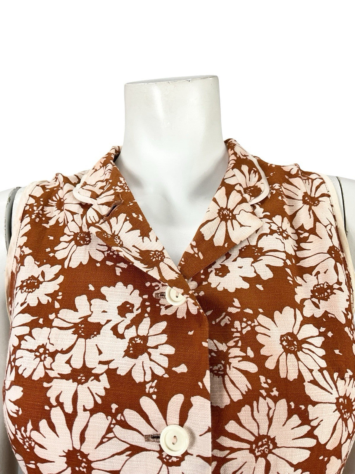 VTG 60S 70S BROWN CREAM FLORAL DAISY A LINE MOD SHIRT MIDI DRESS 8
