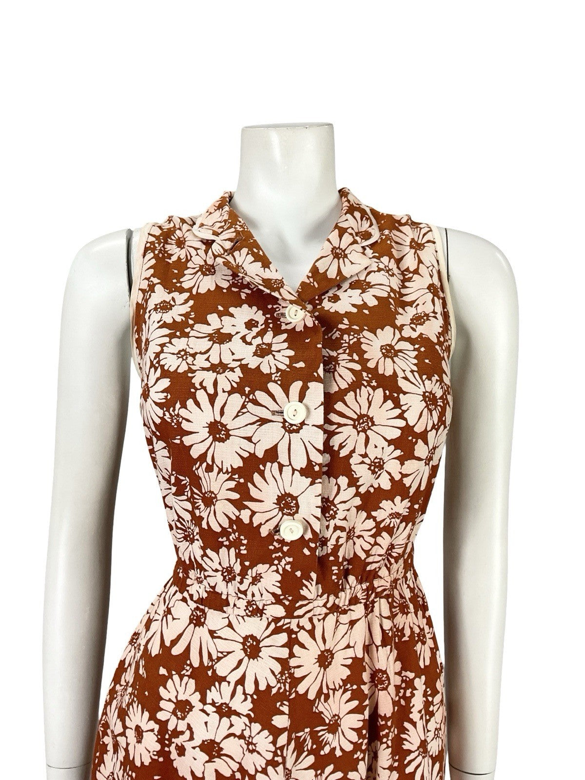 VTG 60S 70S BROWN CREAM FLORAL DAISY A LINE MOD SHIRT MIDI DRESS 8