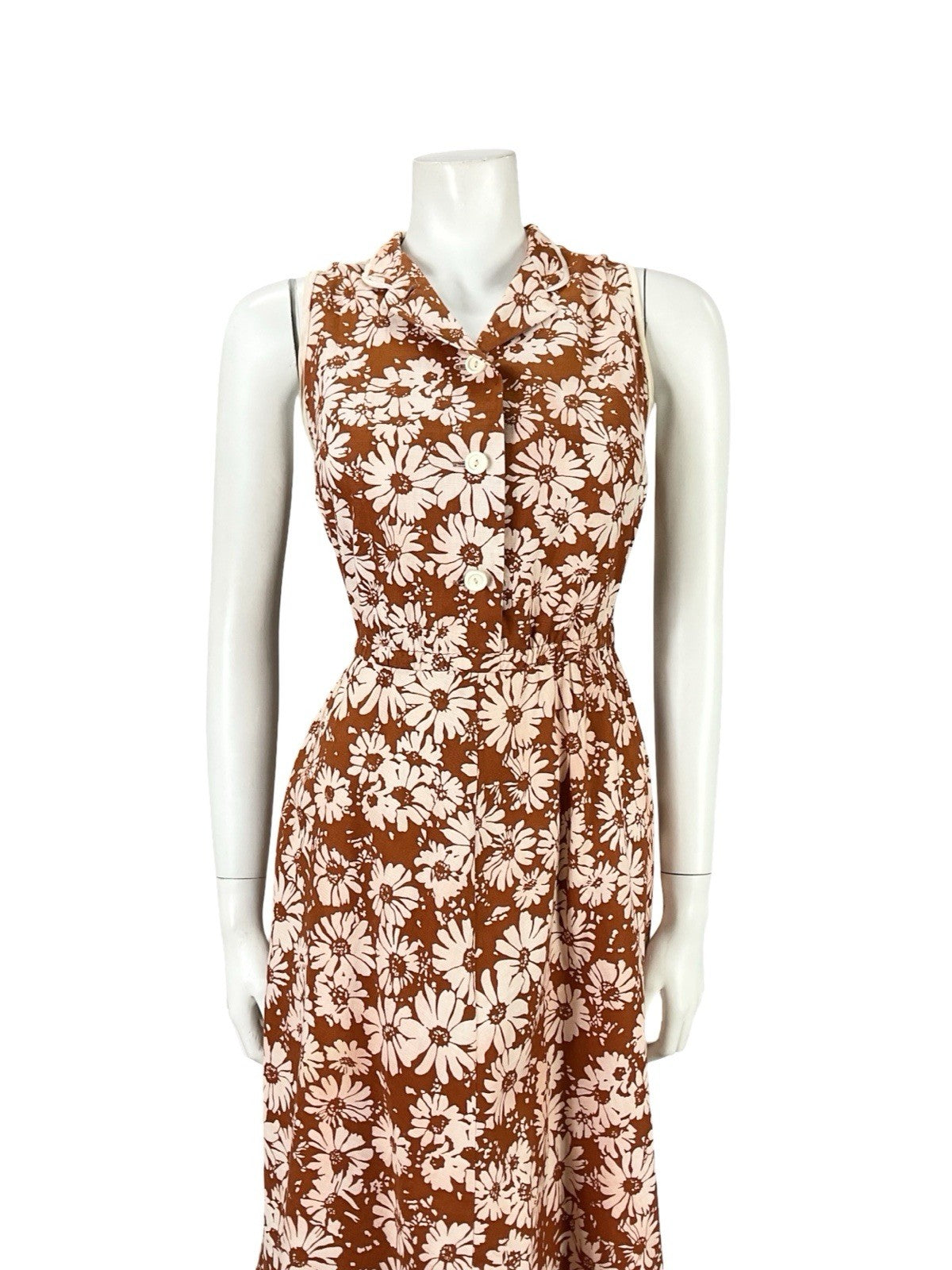 VTG 60S 70S BROWN CREAM FLORAL DAISY A LINE MOD SHIRT MIDI DRESS 8