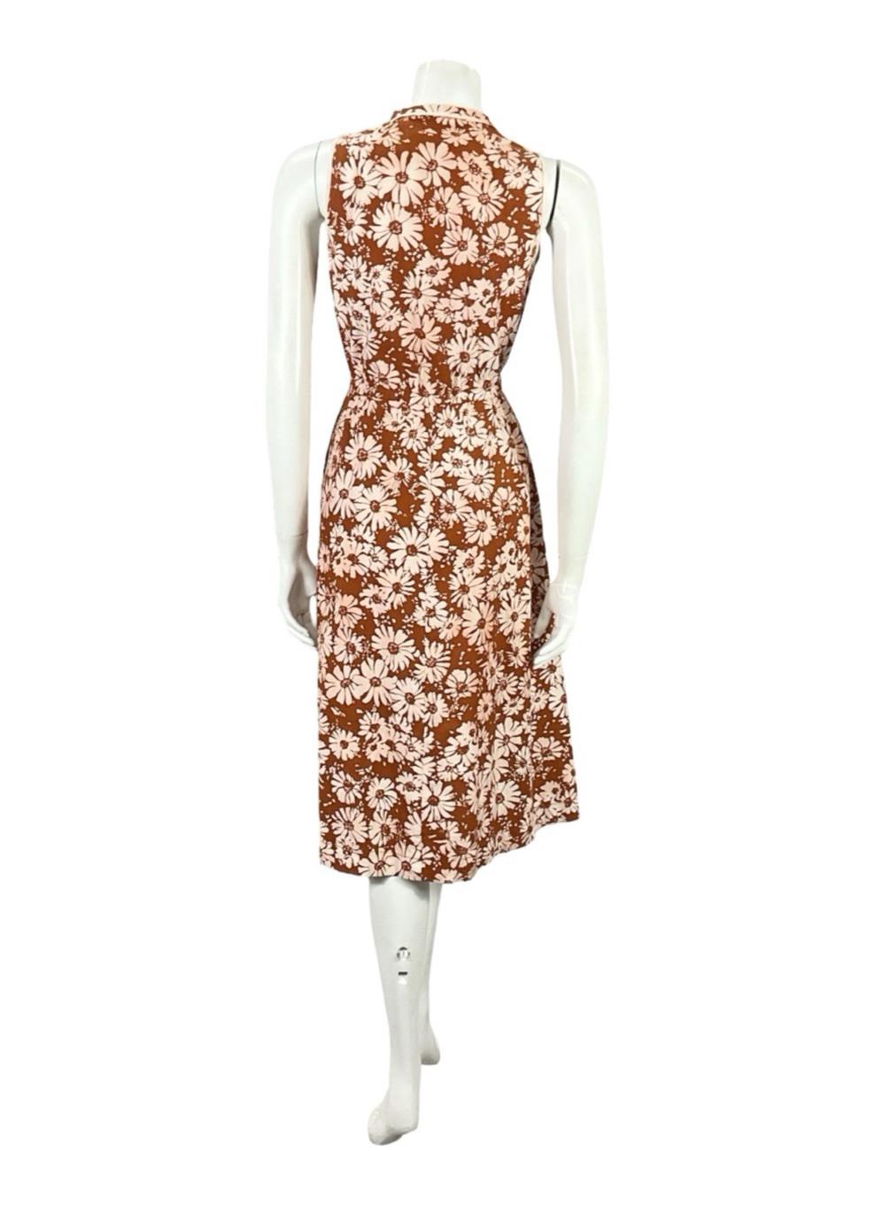 VTG 60S 70S BROWN CREAM FLORAL DAISY A LINE MOD SHIRT MIDI DRESS 8