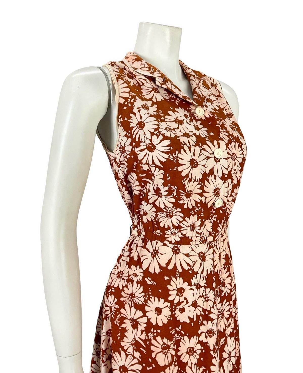 VTG 60S 70S BROWN CREAM FLORAL DAISY A LINE MOD SHIRT MIDI DRESS 8
