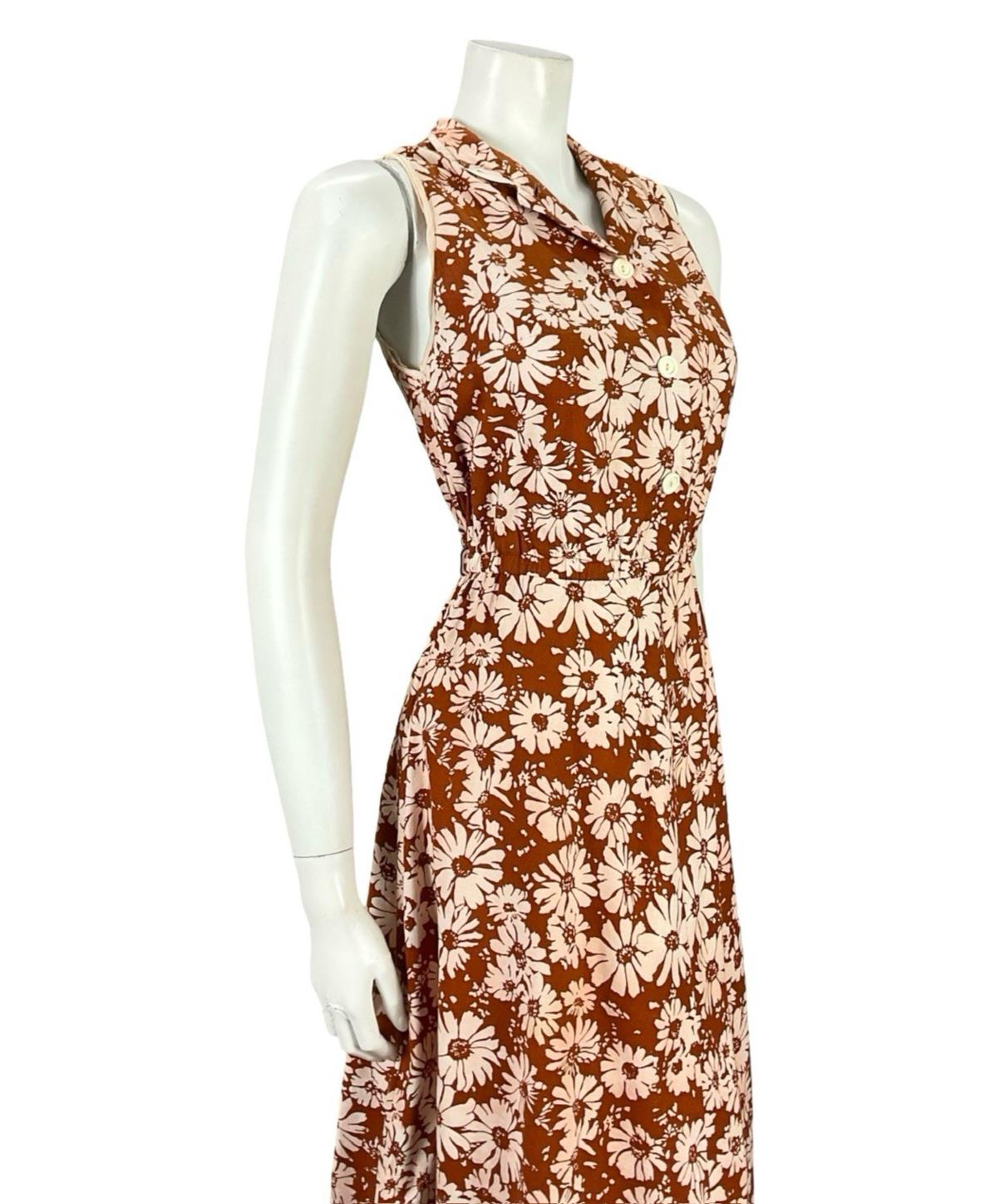 VTG 60S 70S BROWN CREAM FLORAL DAISY A LINE MOD SHIRT MIDI DRESS 8