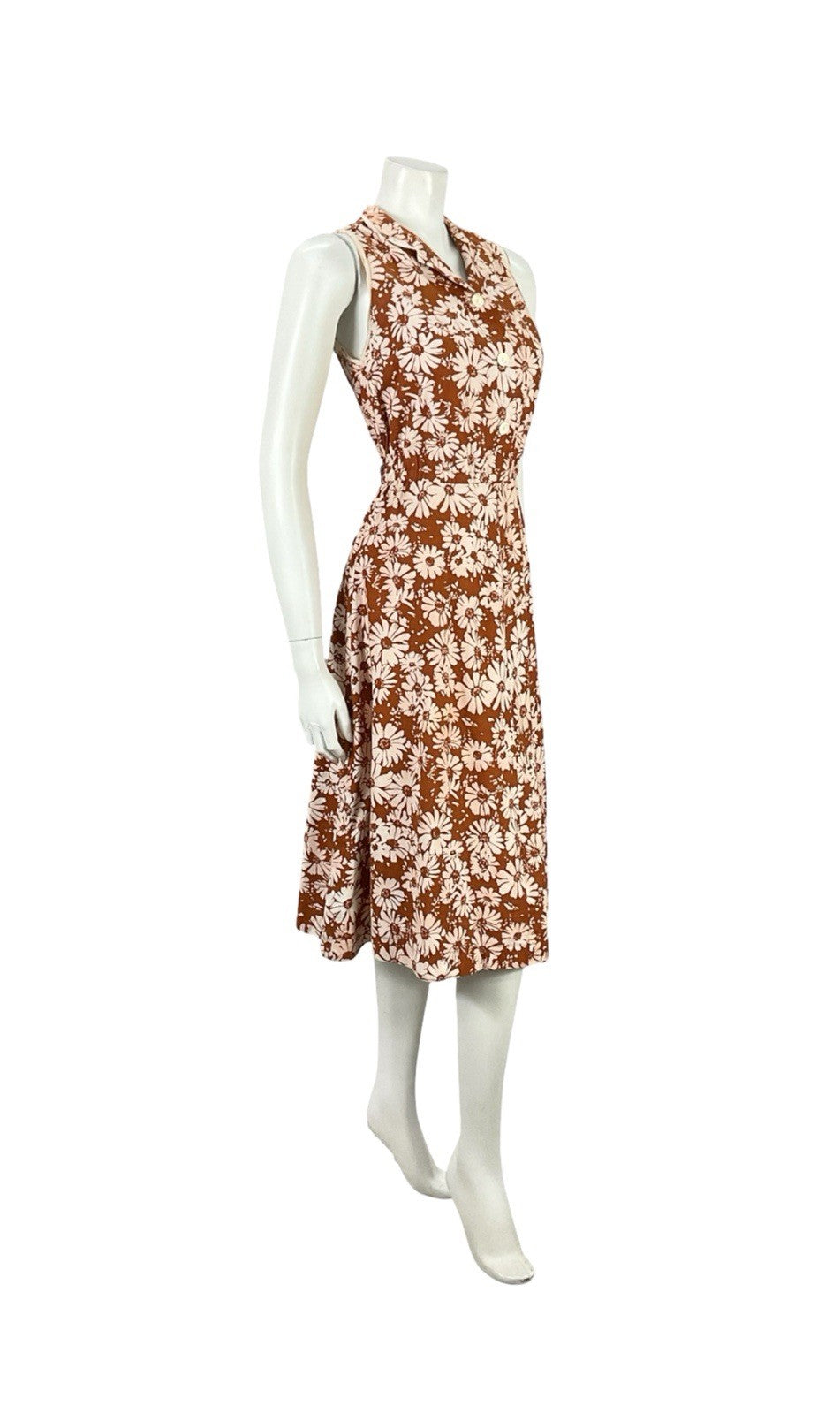 VTG 60S 70S BROWN CREAM FLORAL DAISY A LINE MOD SHIRT MIDI DRESS 8