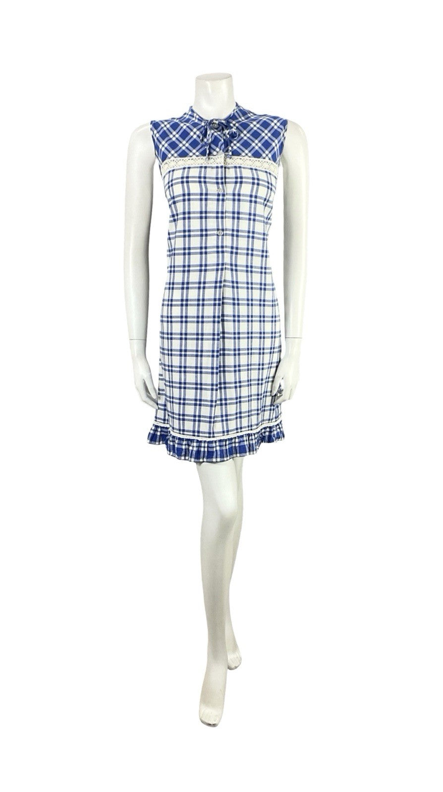 VTG 60S 70S MOD COTTAGE NAVY BLUE WHITE PLAID LACE RUFFLE SHIFT MINI DRESS 12