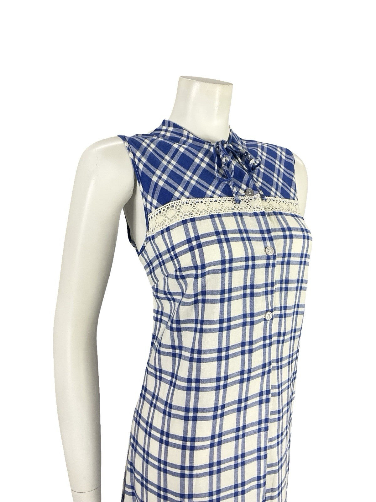 VTG 60S 70S MOD COTTAGE NAVY BLUE WHITE PLAID LACE RUFFLE SHIFT MINI DRESS 12