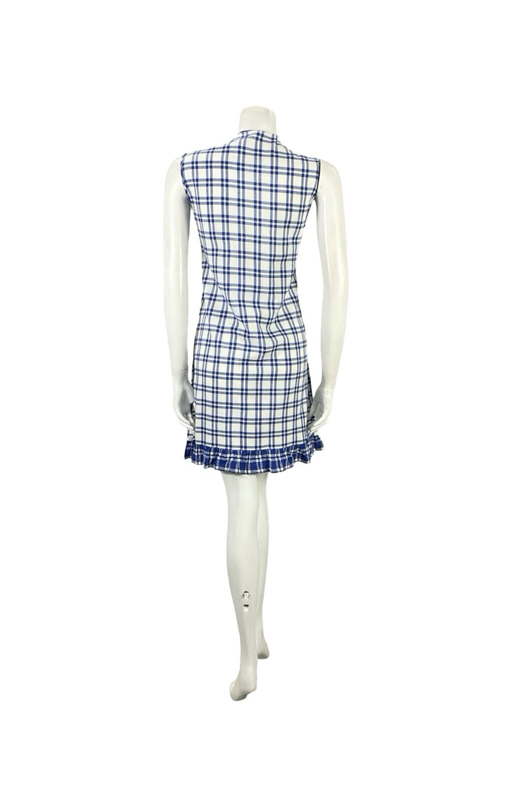 VTG 60S 70S MOD COTTAGE NAVY BLUE WHITE PLAID LACE RUFFLE SHIFT MINI DRESS 12