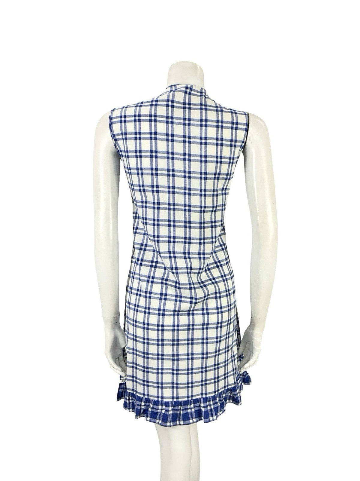 VTG 60S 70S MOD COTTAGE NAVY BLUE WHITE PLAID LACE RUFFLE SHIFT MINI DRESS 12