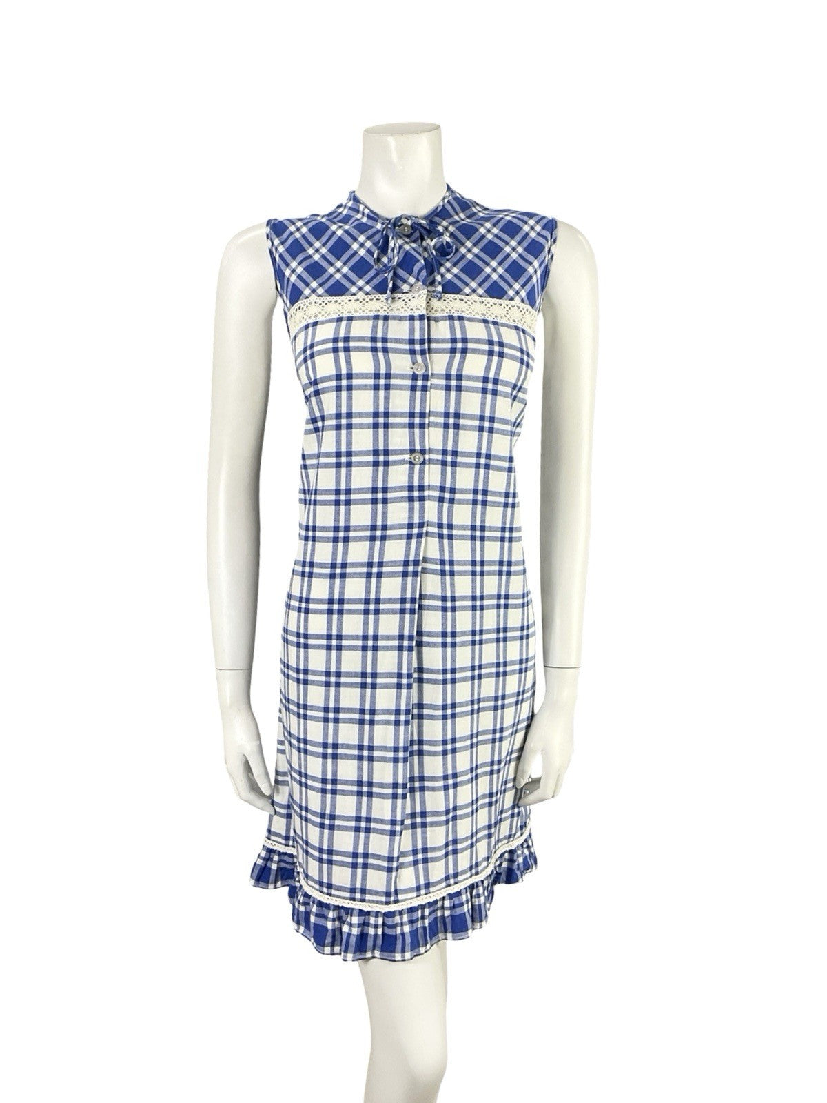 VTG 60S 70S MOD COTTAGE NAVY BLUE WHITE PLAID LACE RUFFLE SHIFT MINI DRESS 12