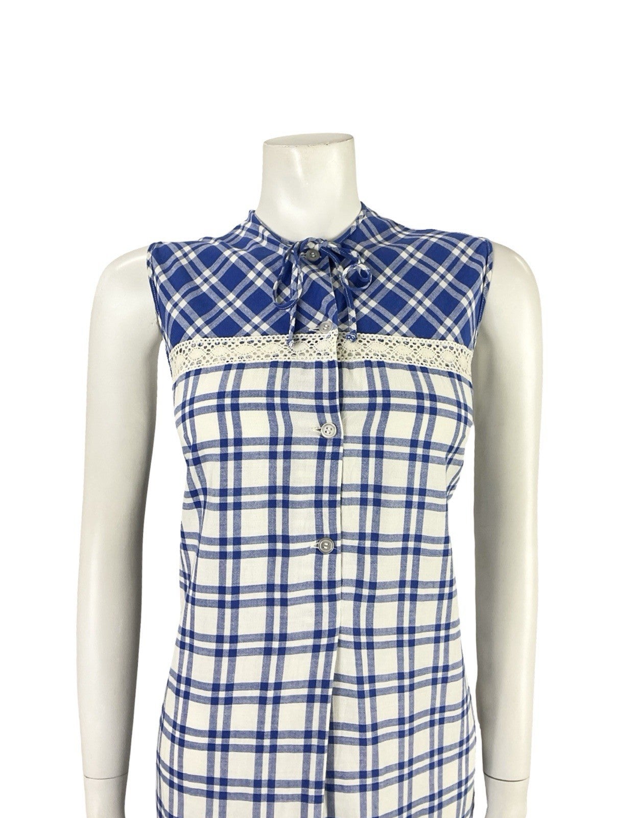 VTG 60S 70S MOD COTTAGE NAVY BLUE WHITE PLAID LACE RUFFLE SHIFT MINI DRESS 12