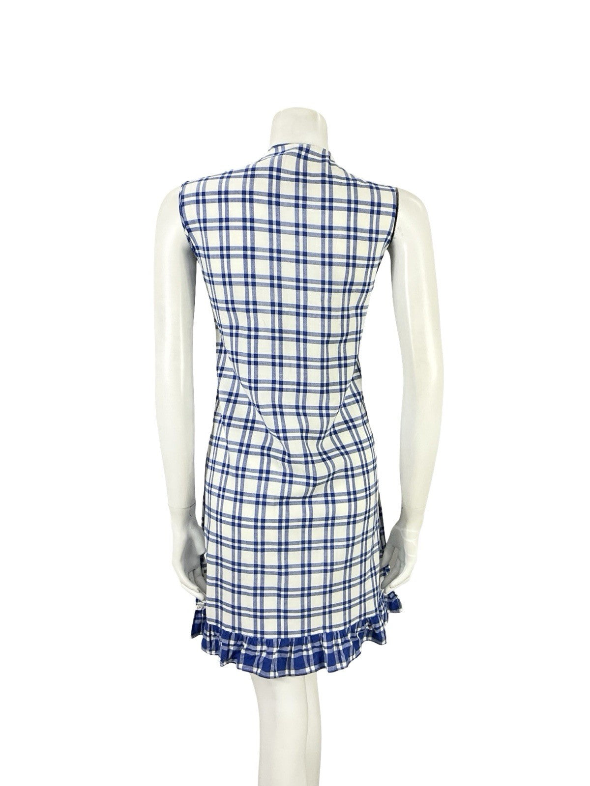 VTG 60S 70S MOD COTTAGE NAVY BLUE WHITE PLAID LACE RUFFLE SHIFT MINI DRESS 12