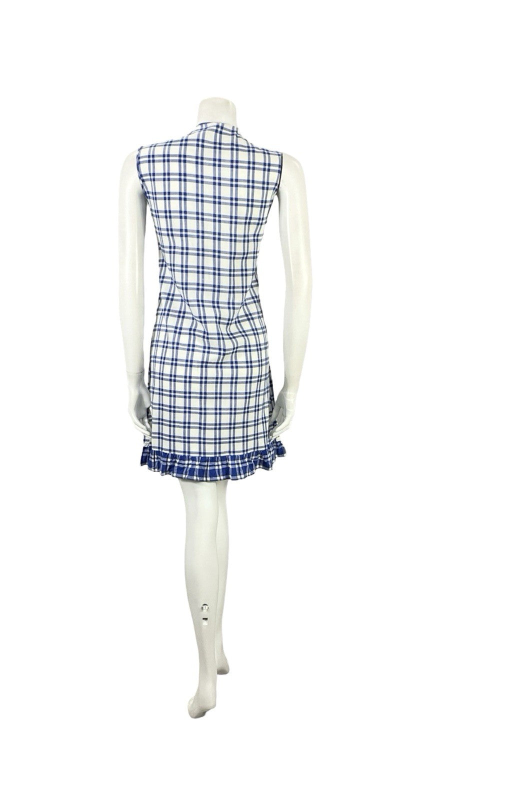VTG 60S 70S MOD COTTAGE NAVY BLUE WHITE PLAID LACE RUFFLE SHIFT MINI DRESS 12