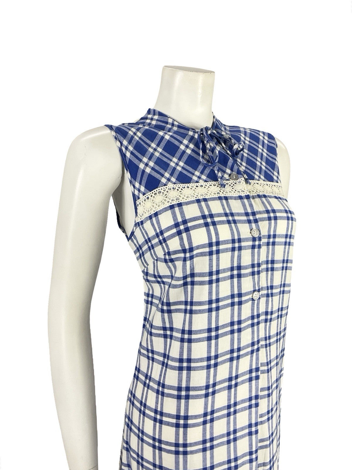 VTG 60S 70S MOD COTTAGE NAVY BLUE WHITE PLAID LACE RUFFLE SHIFT MINI DRESS 12