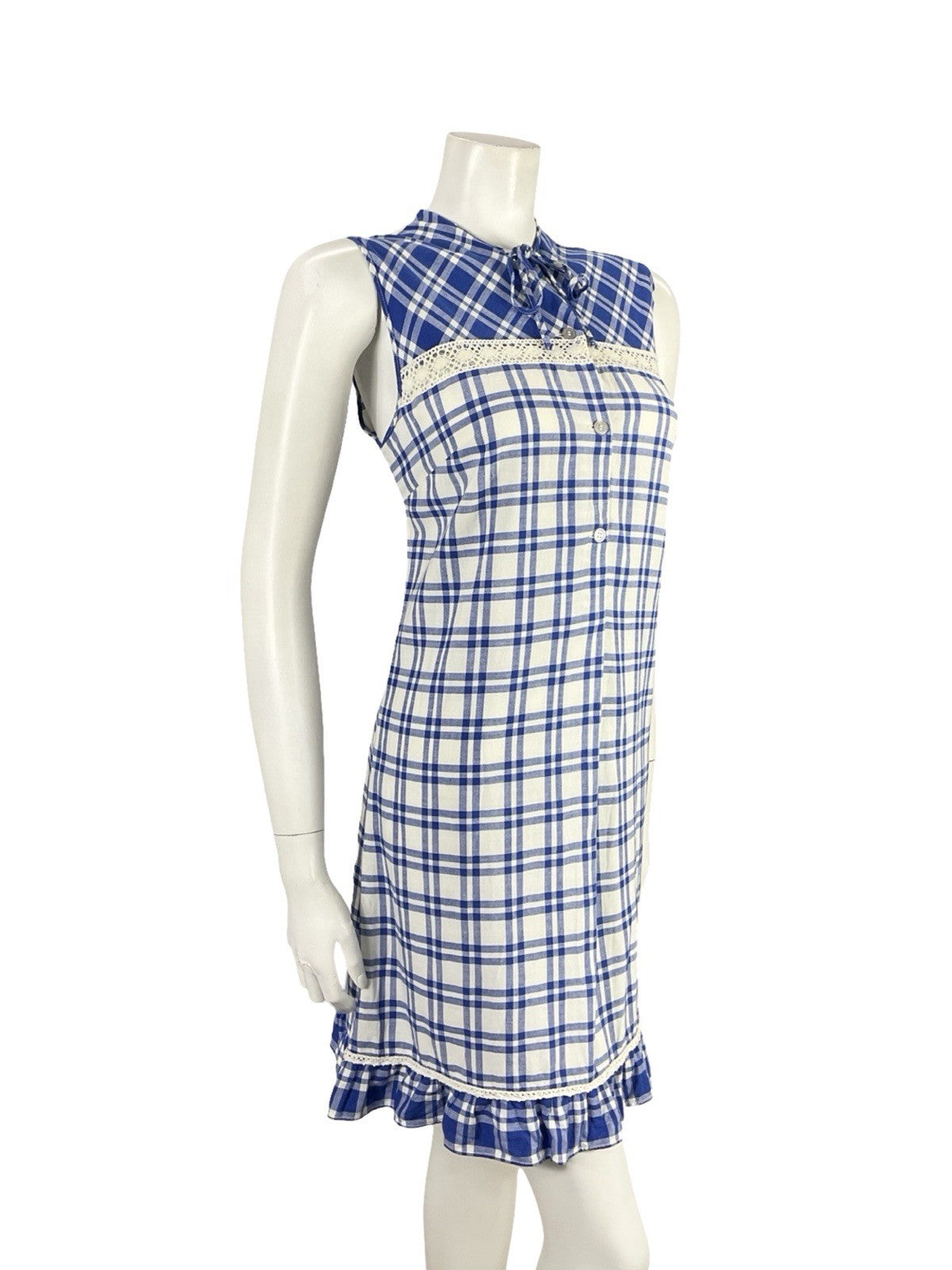 VTG 60S 70S MOD COTTAGE NAVY BLUE WHITE PLAID LACE RUFFLE SHIFT MINI DRESS 12