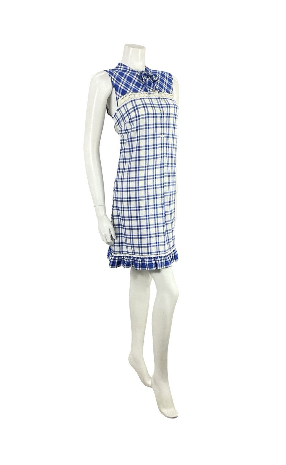 VTG 60S 70S MOD COTTAGE NAVY BLUE WHITE PLAID LACE RUFFLE SHIFT MINI DRESS 12