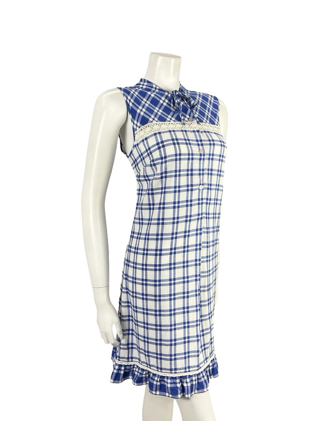 VTG 60S 70S MOD COTTAGE NAVY BLUE WHITE PLAID LACE RUFFLE SHIFT MINI DRESS 12
