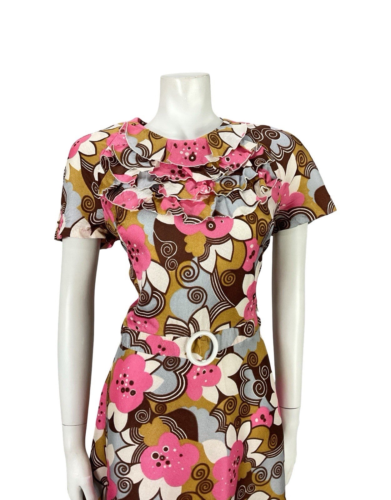 VTG 60S PINK BROWN GREY WHITE PSYCHEDELIC MOD RUFFLE SPIRAL FLORAL DRESS 12