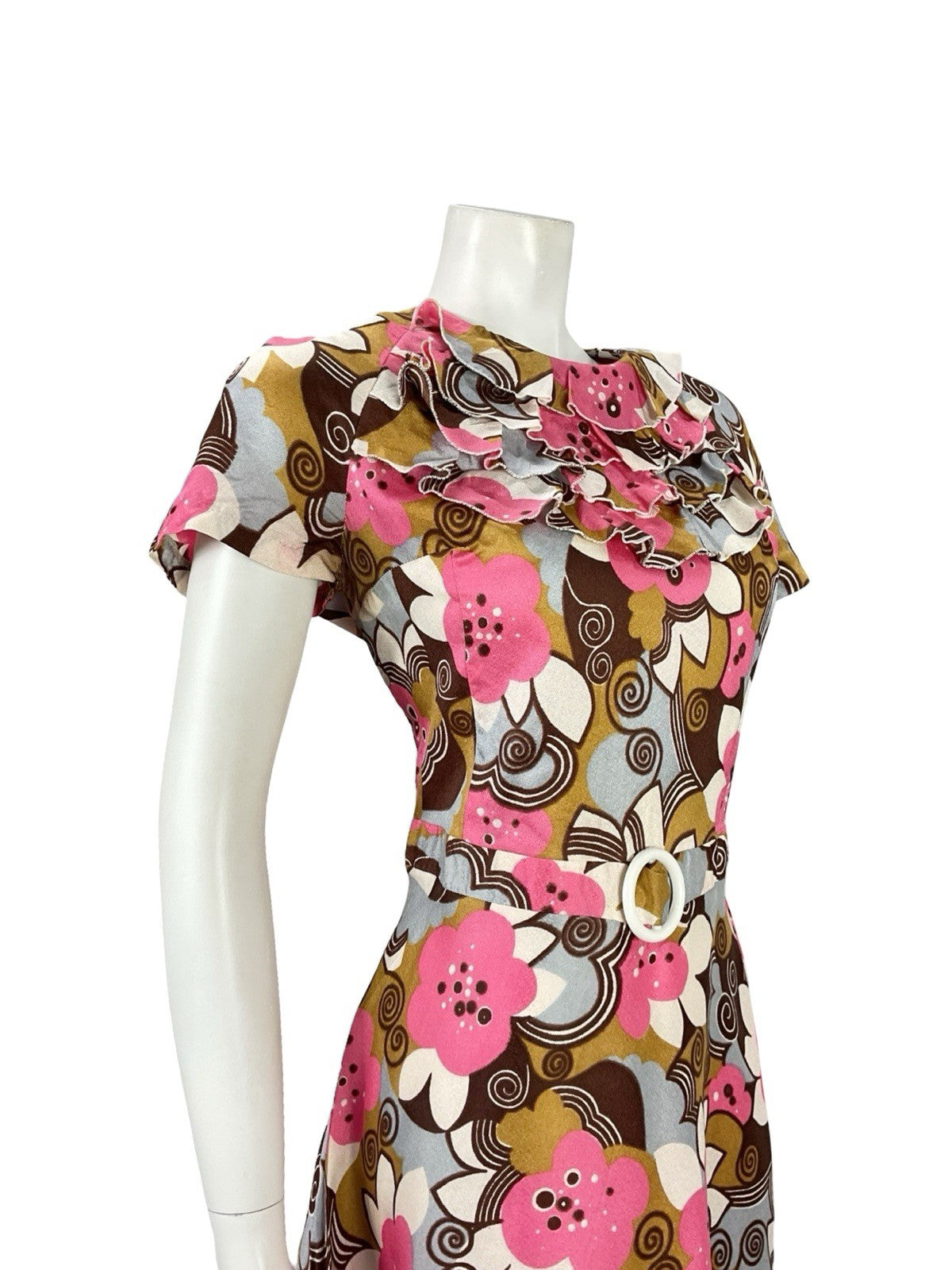 VTG 60S PINK BROWN GREY WHITE PSYCHEDELIC MOD RUFFLE SPIRAL FLORAL DRESS 12