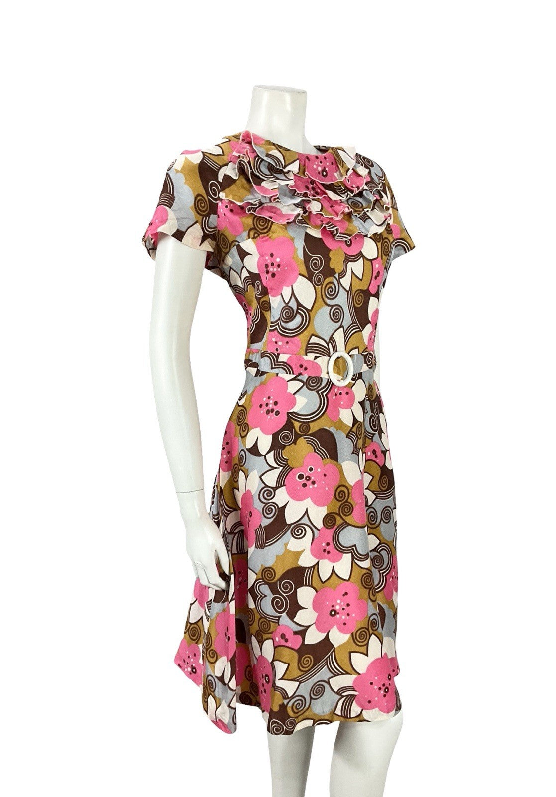 VTG 60S PINK BROWN GREY WHITE PSYCHEDELIC MOD RUFFLE SPIRAL FLORAL DRESS 12