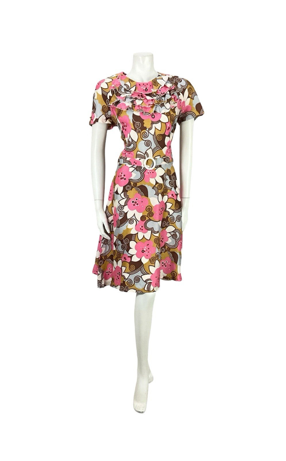 VTG 60S PINK BROWN GREY WHITE PSYCHEDELIC MOD RUFFLE SPIRAL FLORAL DRESS 12