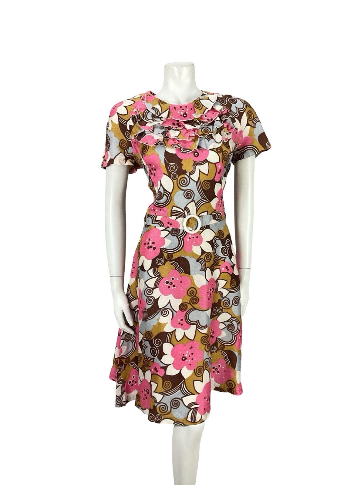 VTG 60S PINK BROWN GREY WHITE PSYCHEDELIC MOD RUFFLE SPIRAL FLORAL DRESS 12