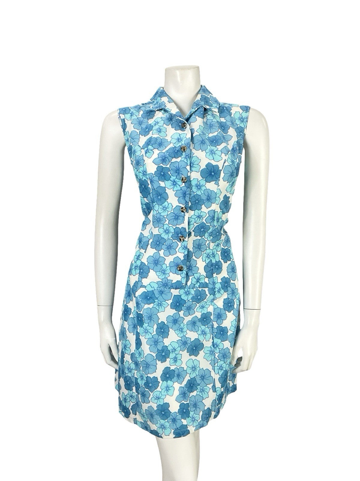 VTG 60S MOD GOGO WHITE BLUE FLORAL SHIFT SHIRT MINI DRESS 12
