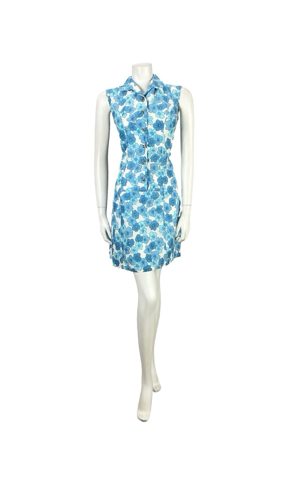 VTG 60S MOD GOGO WHITE BLUE FLORAL SHIFT SHIRT MINI DRESS 12