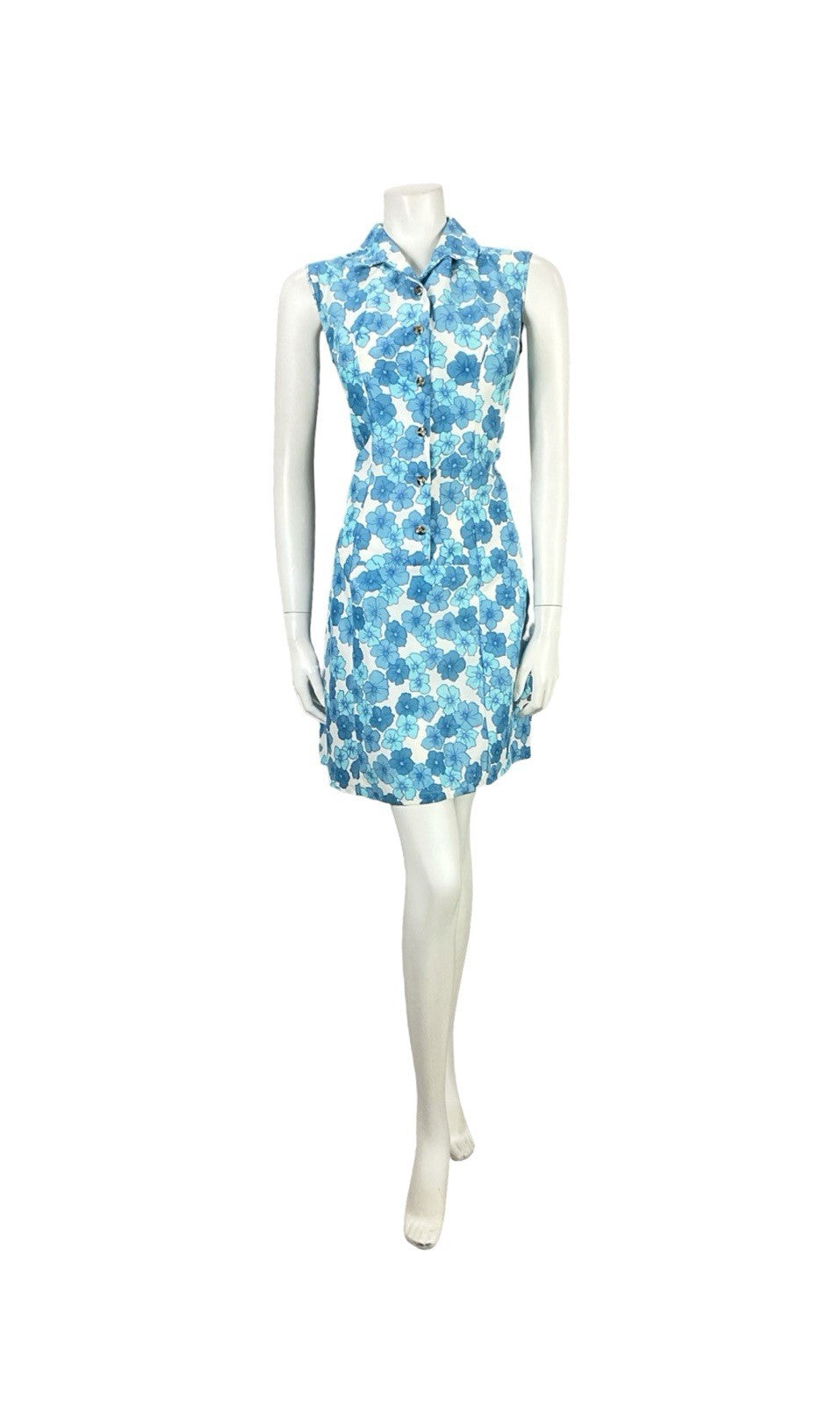 VTG 60S MOD GOGO WHITE BLUE FLORAL SHIFT SHIRT MINI DRESS 12