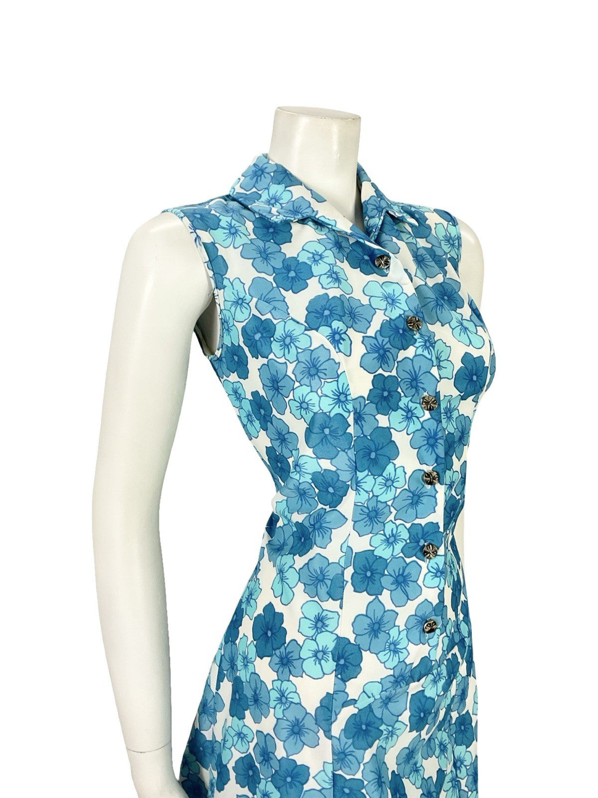 VTG 60S MOD GOGO WHITE BLUE FLORAL SHIFT SHIRT MINI DRESS 12
