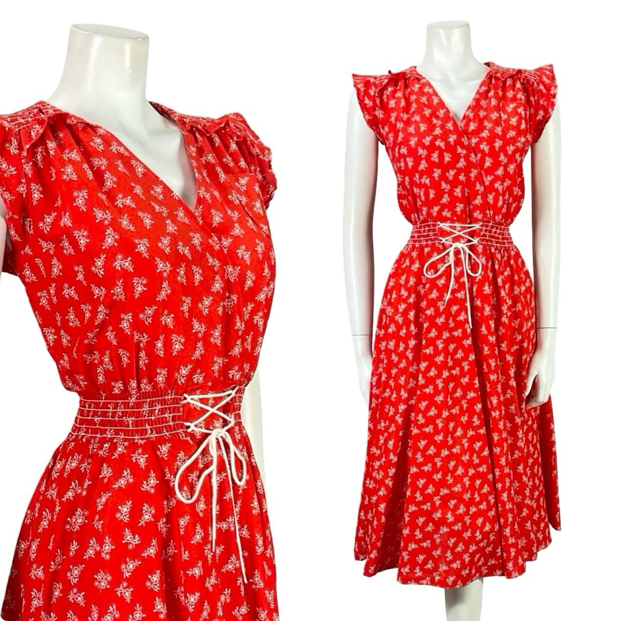 VTG 70S RED WHITE DITSY FLORAL FOLK RUFFLE ELASTICATED LACE UP DRESS S 8 10