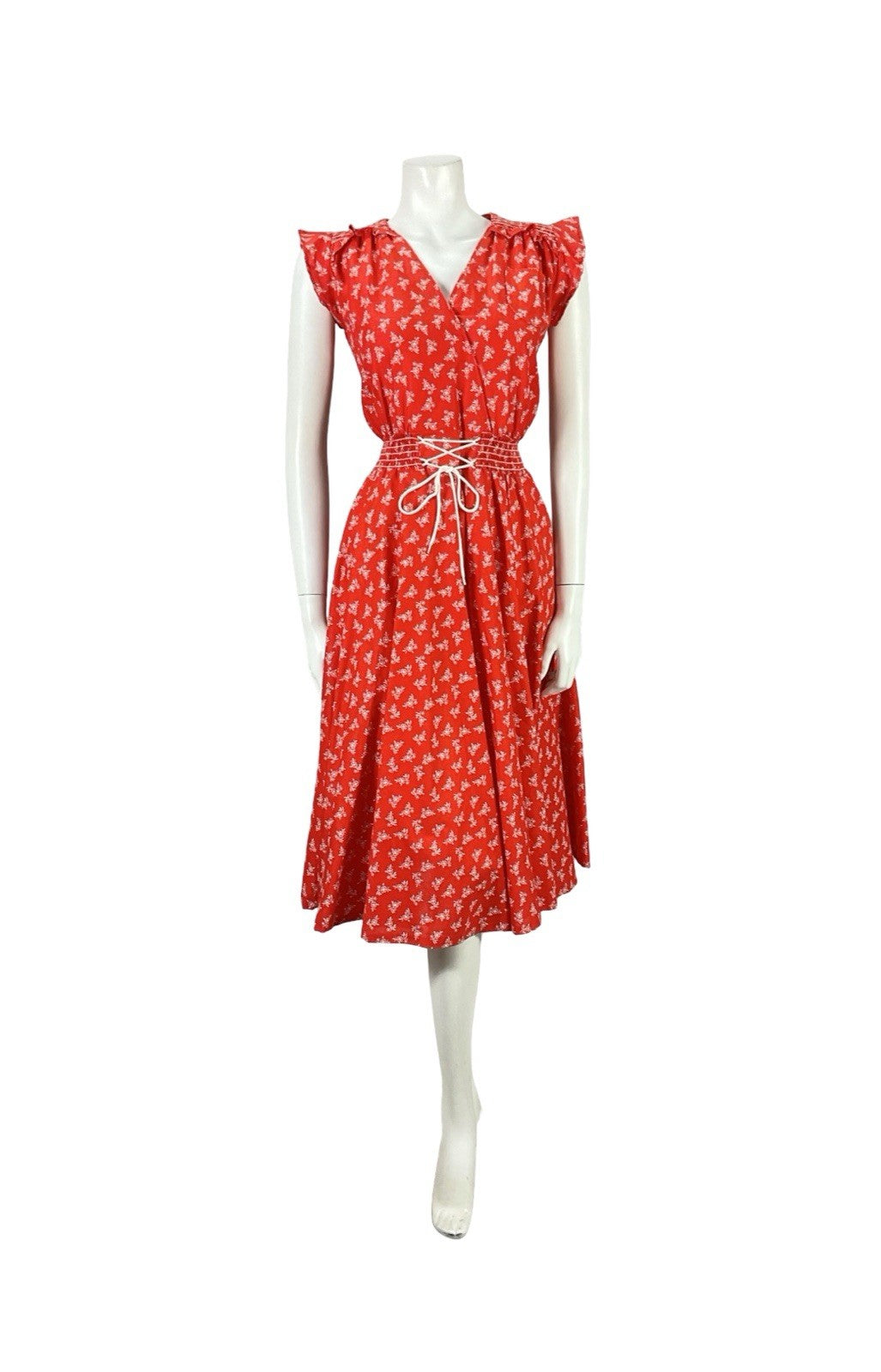 VTG 70S RED WHITE DITSY FLORAL FOLK RUFFLE ELASTICATED LACE UP DRESS S 8 10