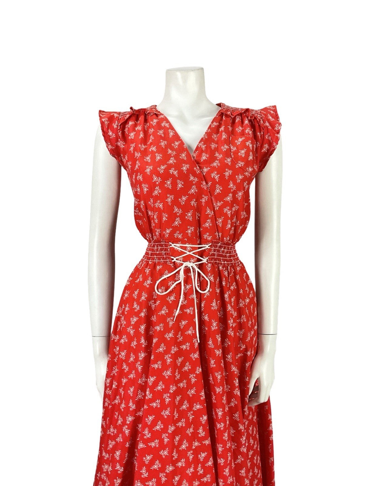 VTG 70S RED WHITE DITSY FLORAL FOLK RUFFLE ELASTICATED LACE UP DRESS S 8 10