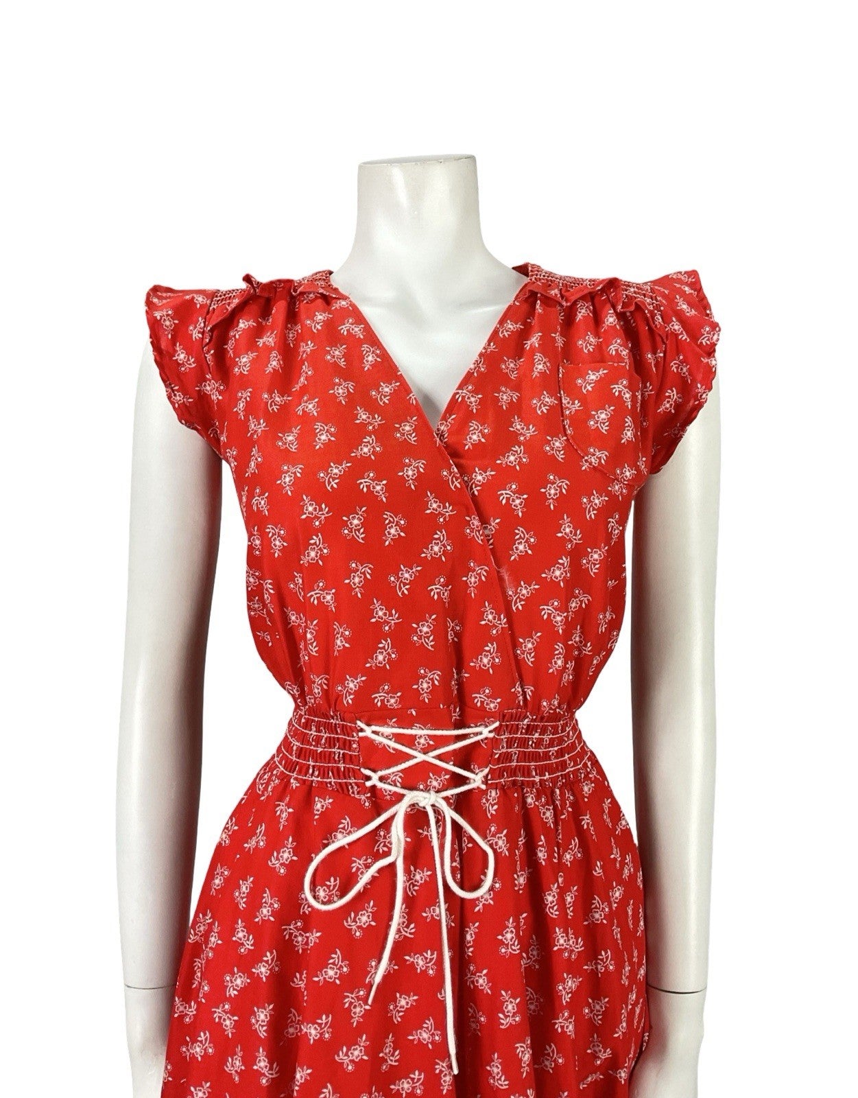 VTG 70S RED WHITE DITSY FLORAL FOLK RUFFLE ELASTICATED LACE UP DRESS S 8 10