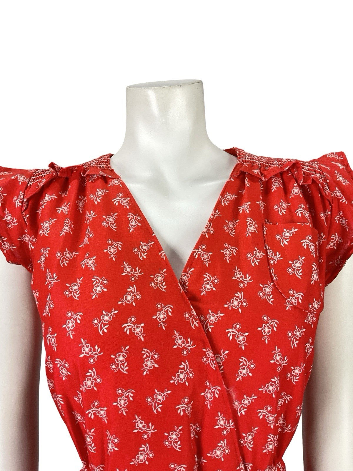 VTG 70S RED WHITE DITSY FLORAL FOLK RUFFLE ELASTICATED LACE UP DRESS S 8 10