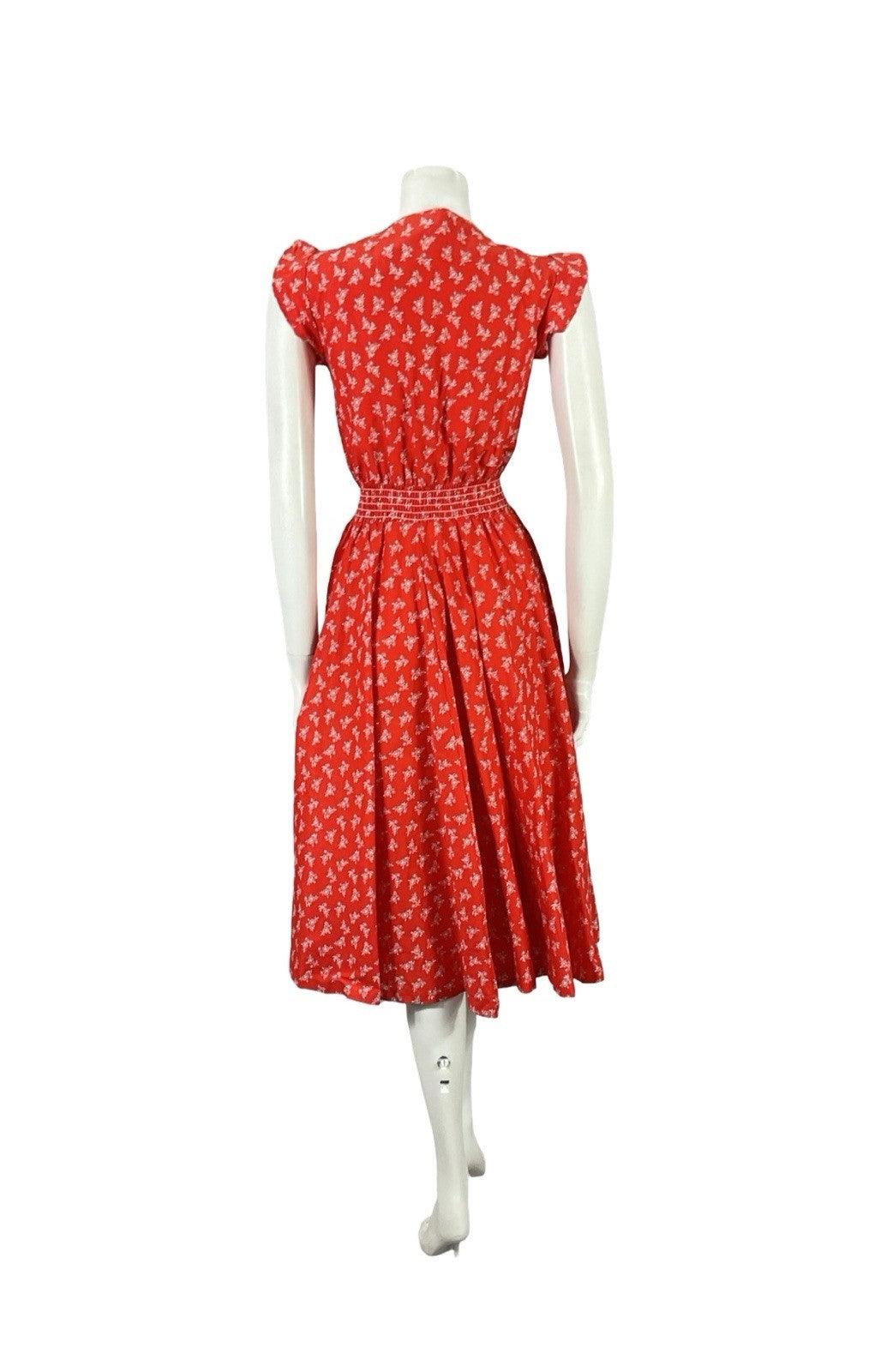 VTG 70S RED WHITE DITSY FLORAL FOLK RUFFLE ELASTICATED LACE UP DRESS S 8 10