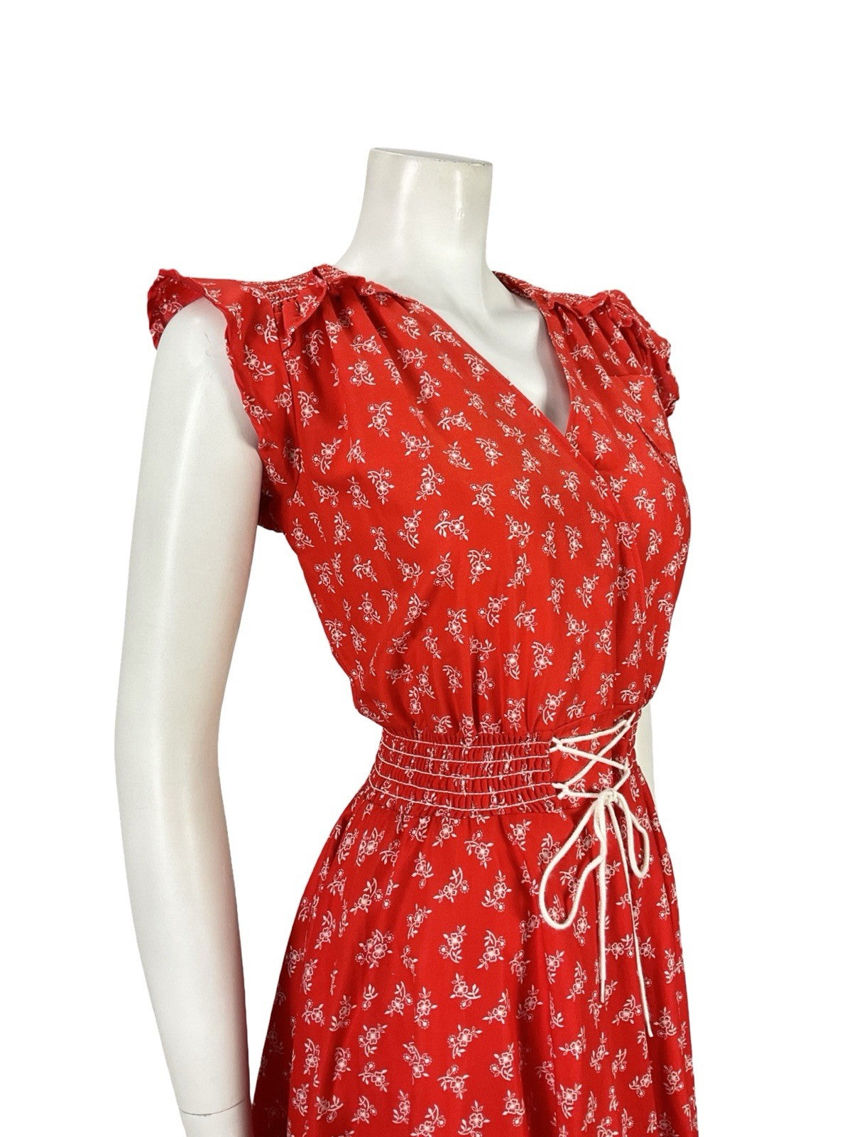VTG 70S RED WHITE DITSY FLORAL FOLK RUFFLE ELASTICATED LACE UP DRESS S 8 10