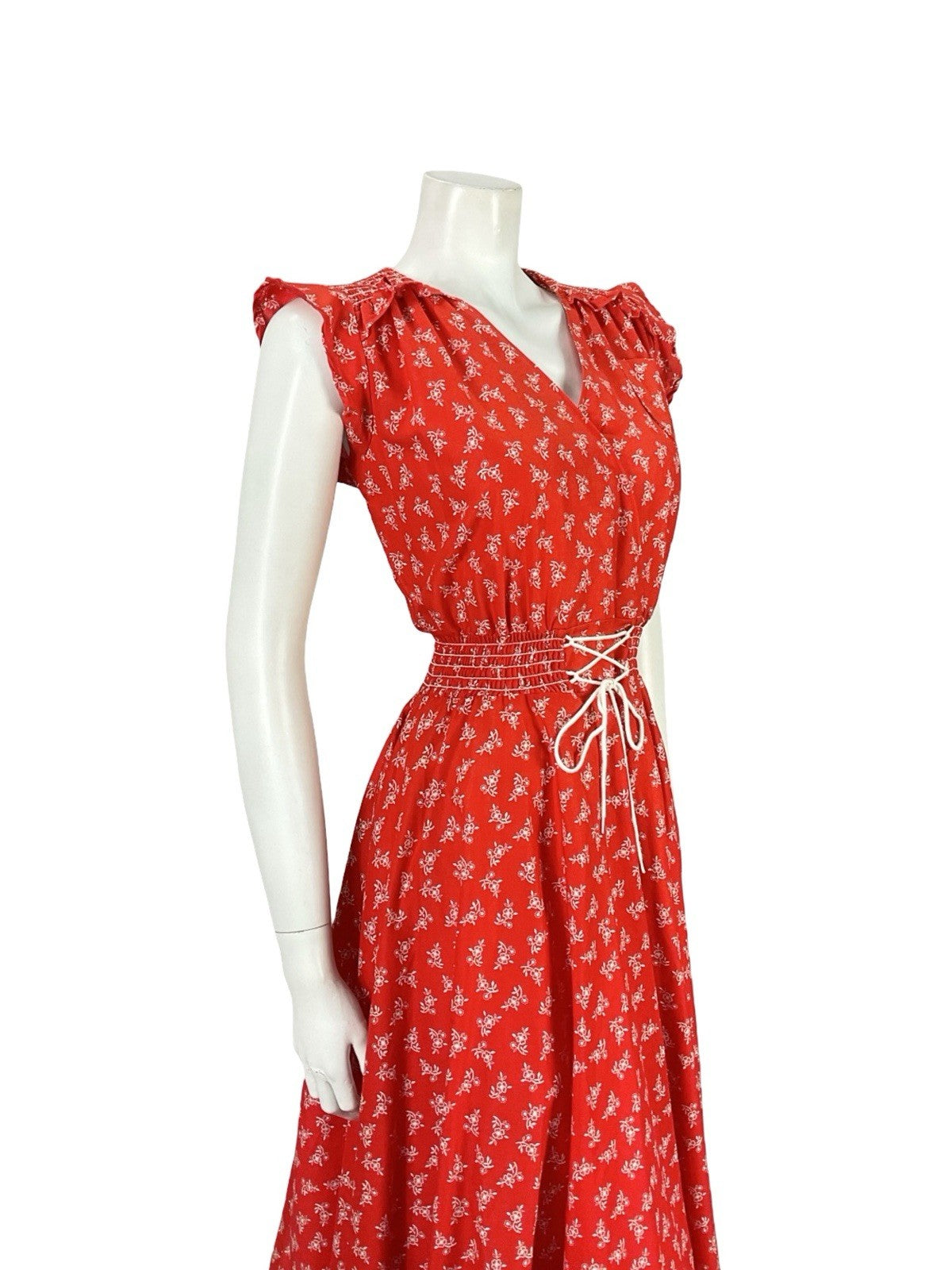 VTG 70S RED WHITE DITSY FLORAL FOLK RUFFLE ELASTICATED LACE UP DRESS S 8 10