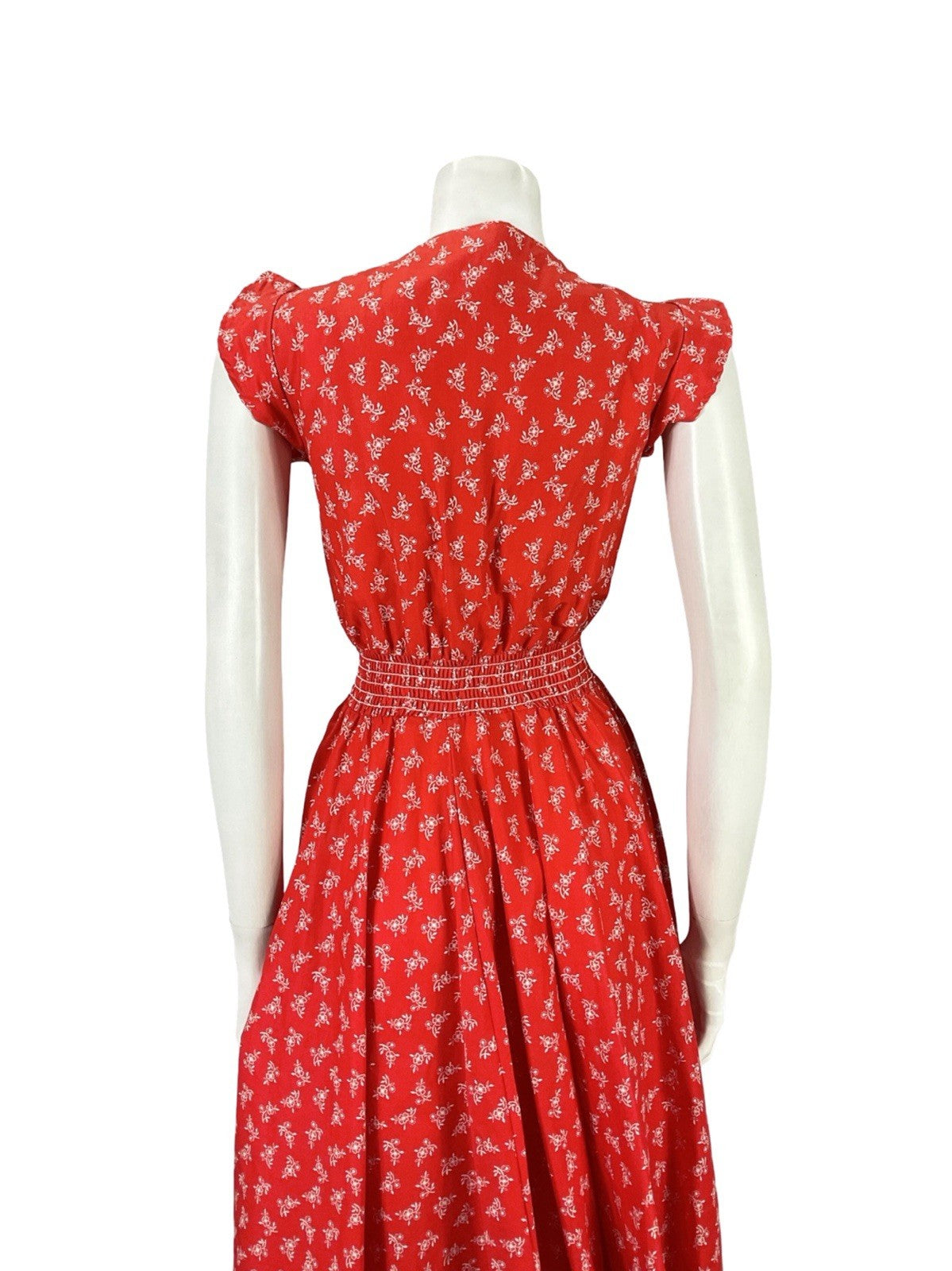 VTG 70S RED WHITE DITSY FLORAL FOLK RUFFLE ELASTICATED LACE UP DRESS S 8 10