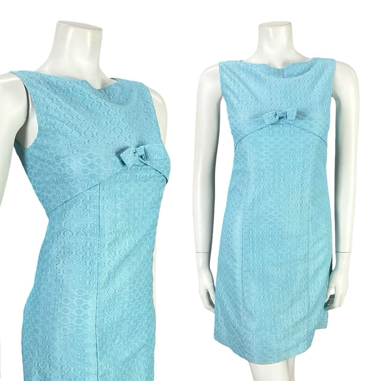 VTG 60S MOD GOGO SKY BLUE LACE EMPIRE LINE BOW BOAT NECK MINI DRESS XS 6