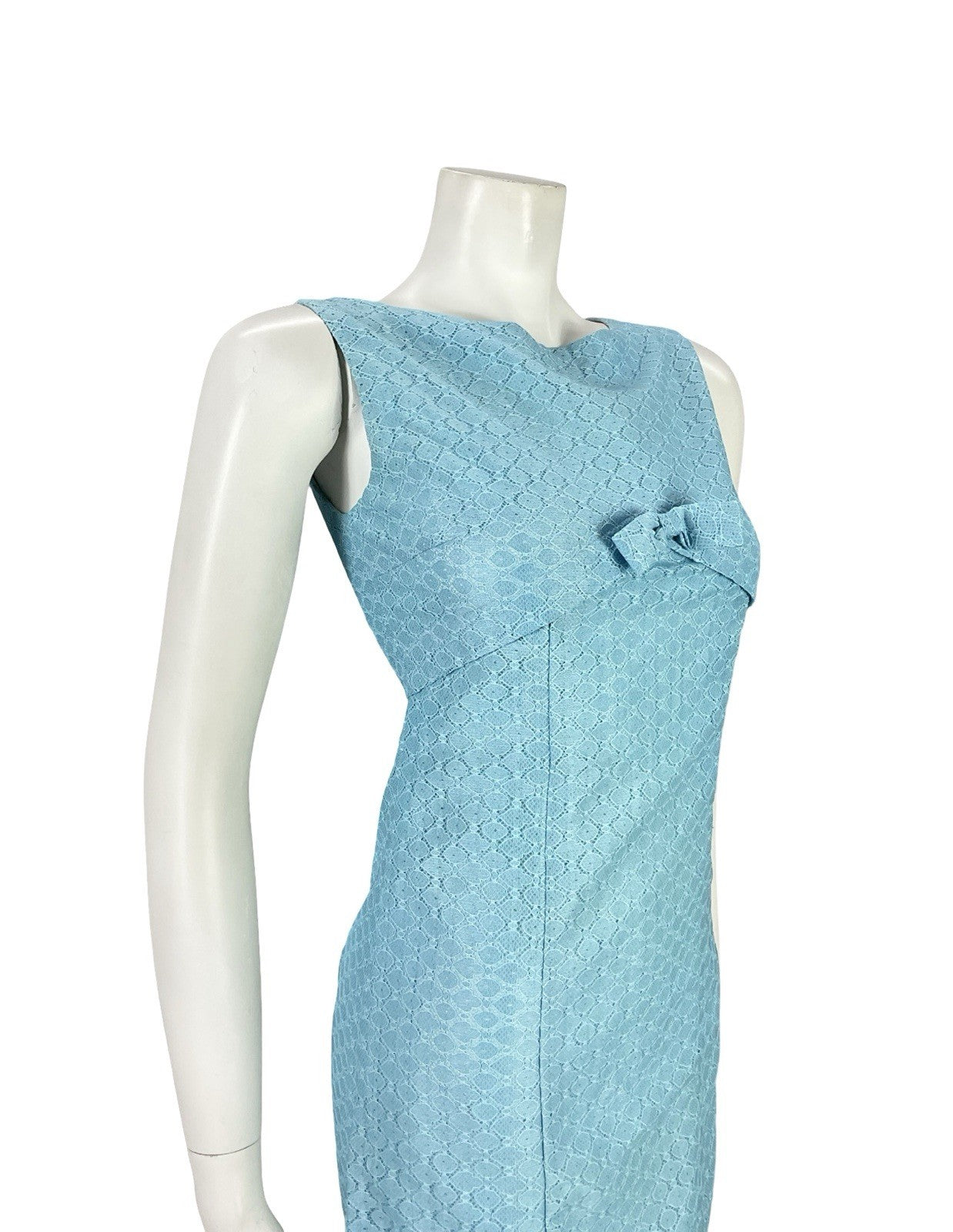 VTG 60S MOD GOGO SKY BLUE LACE EMPIRE LINE BOW BOAT NECK MINI DRESS XS 6