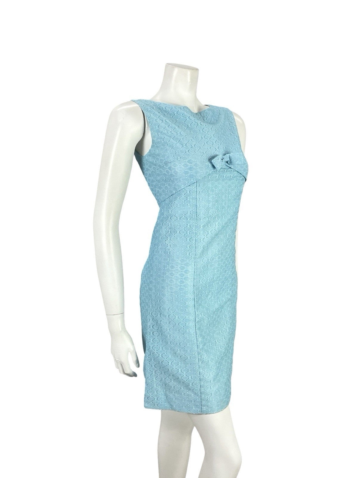 VTG 60S MOD GOGO SKY BLUE LACE EMPIRE LINE BOW BOAT NECK MINI DRESS XS 6