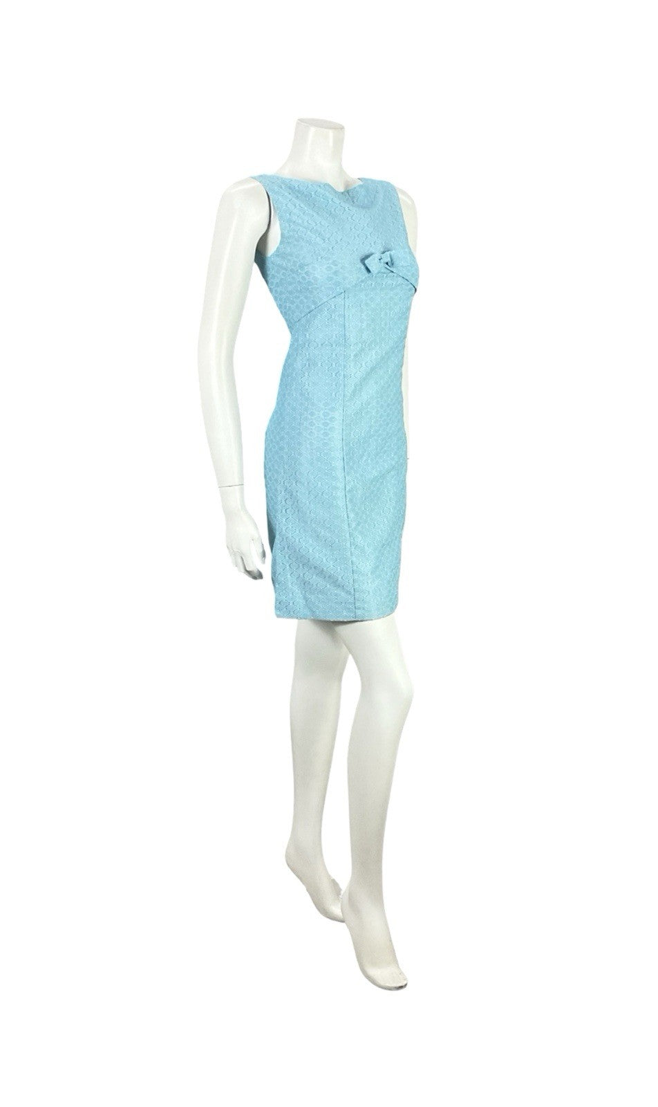 VTG 60S MOD GOGO SKY BLUE LACE EMPIRE LINE BOW BOAT NECK MINI DRESS XS 6