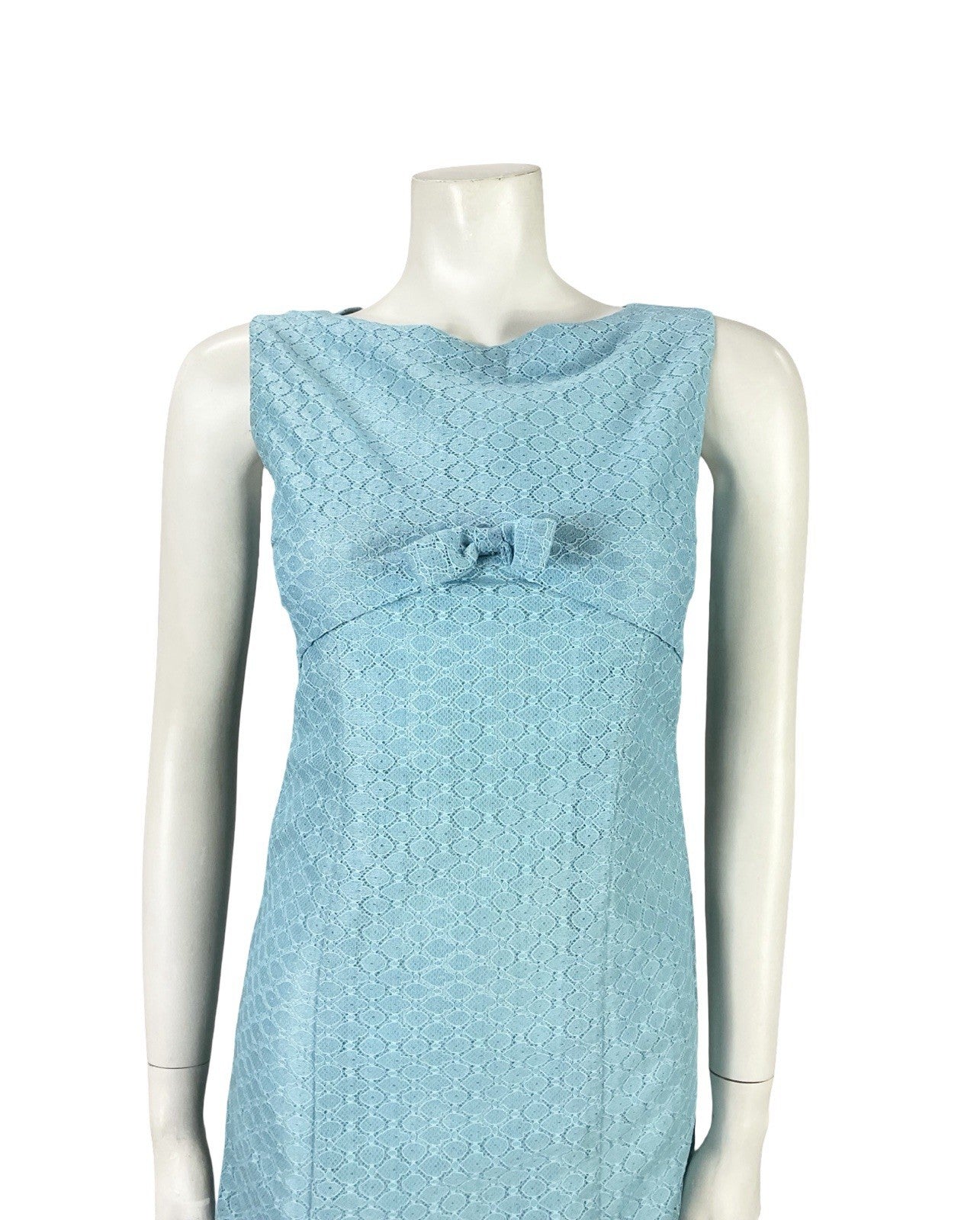 VTG 60S MOD GOGO SKY BLUE LACE EMPIRE LINE BOW BOAT NECK MINI DRESS XS 6