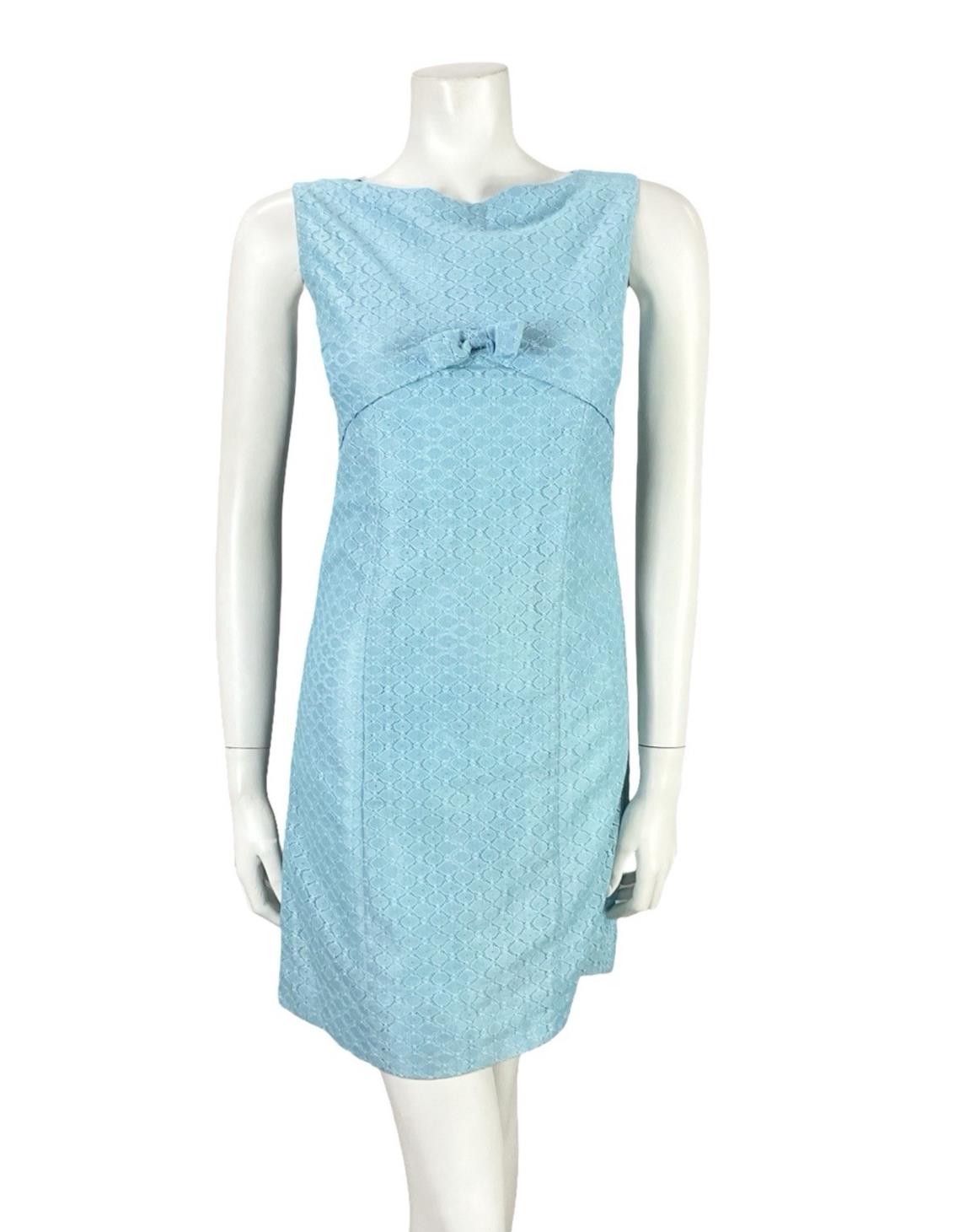 VTG 60S MOD GOGO SKY BLUE LACE EMPIRE LINE BOW BOAT NECK MINI DRESS XS 6