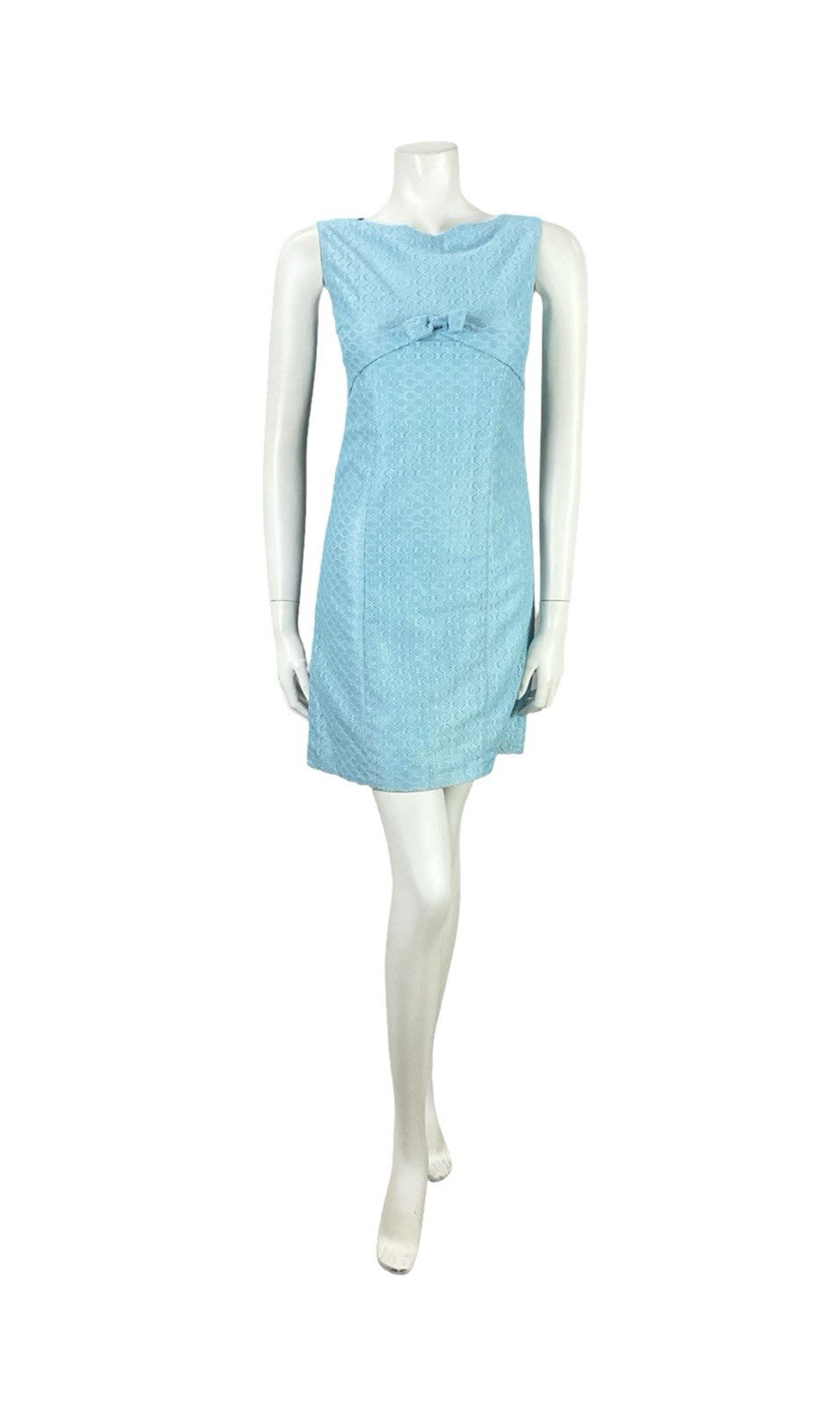 VTG 60S MOD GOGO SKY BLUE LACE EMPIRE LINE BOW BOAT NECK MINI DRESS XS 6
