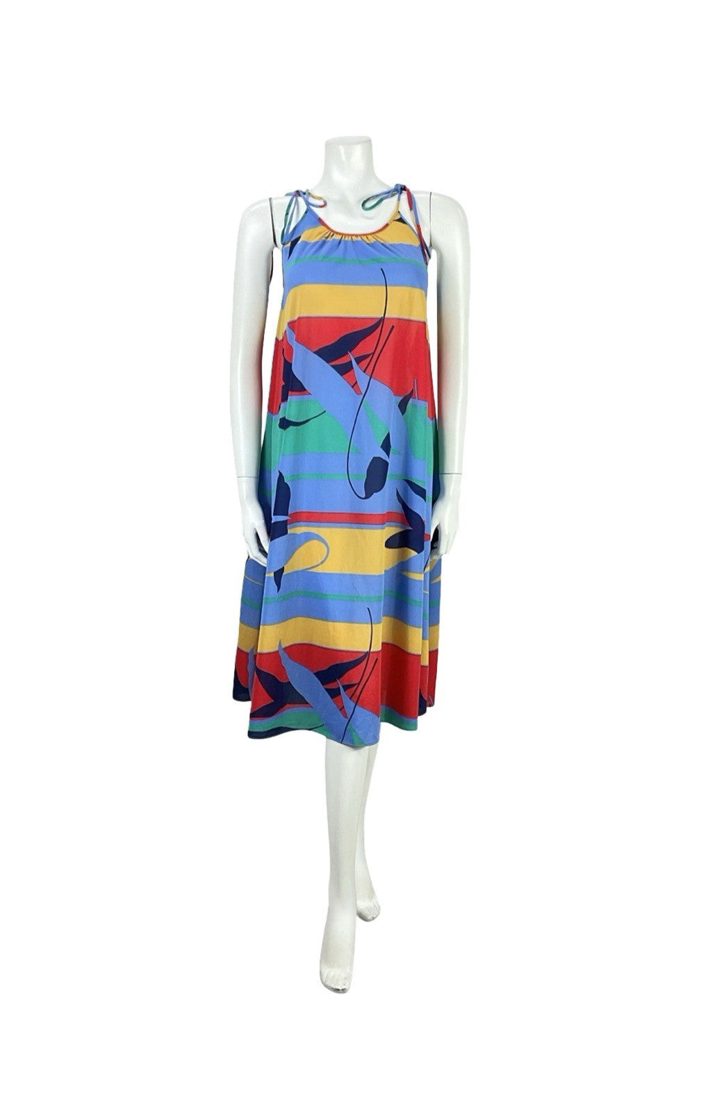 VTG 60S 70S BLUE RED YELLOW GREEN STRIPED GEOMETRIC LEAF TENT DRESS S 8 10