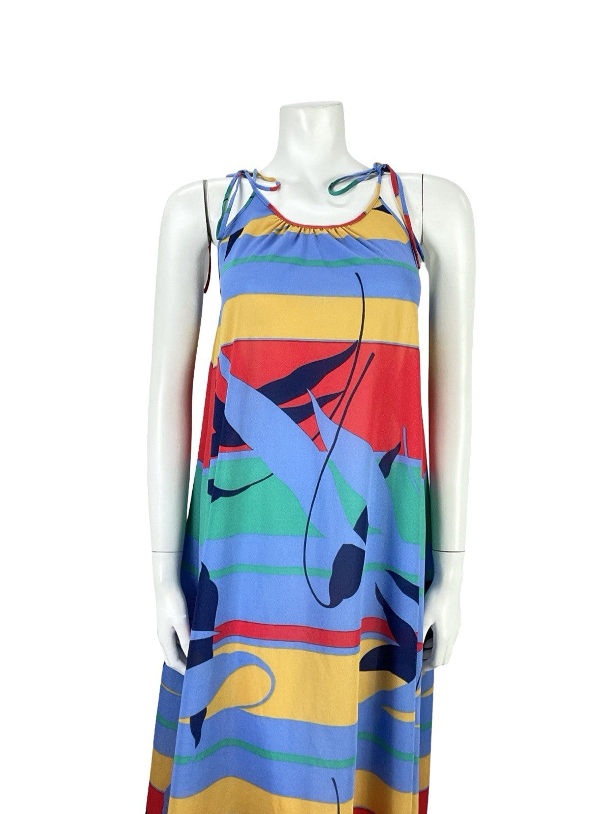 VTG 60S 70S BLUE RED YELLOW GREEN STRIPED GEOMETRIC LEAF TENT DRESS S 8 10