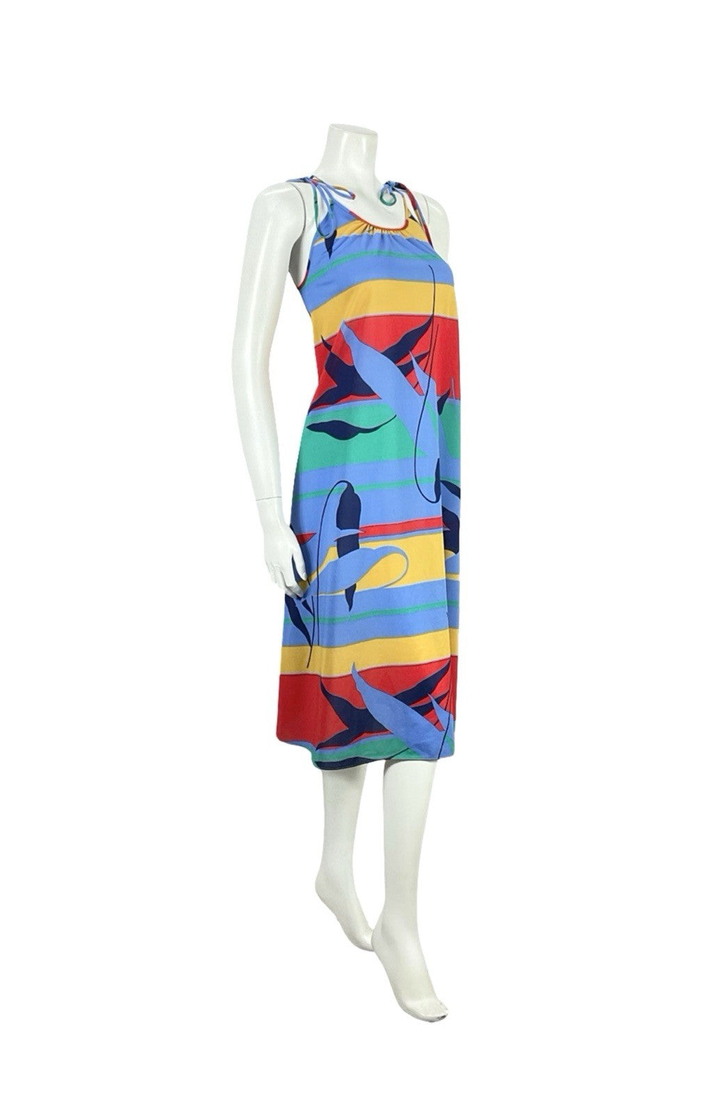 VTG 60S 70S BLUE RED YELLOW GREEN STRIPED GEOMETRIC LEAF TENT DRESS S 8 10