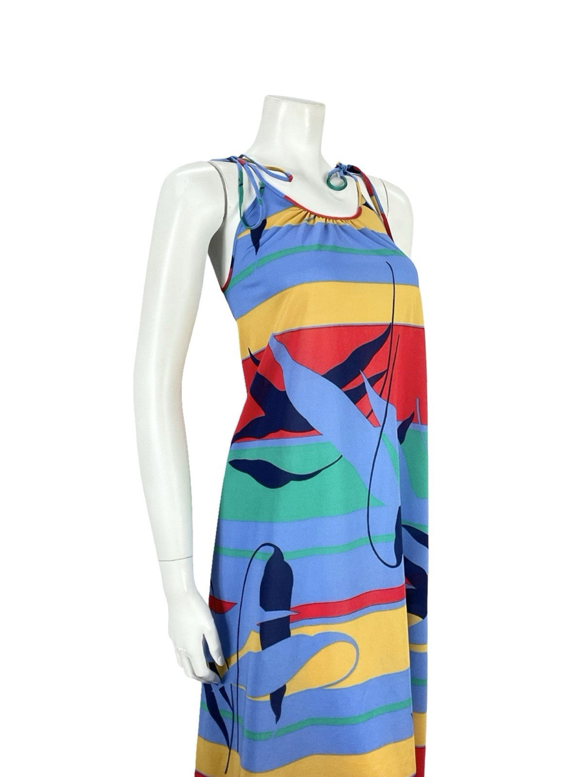 VTG 60S 70S BLUE RED YELLOW GREEN STRIPED GEOMETRIC LEAF TENT DRESS S 8 10