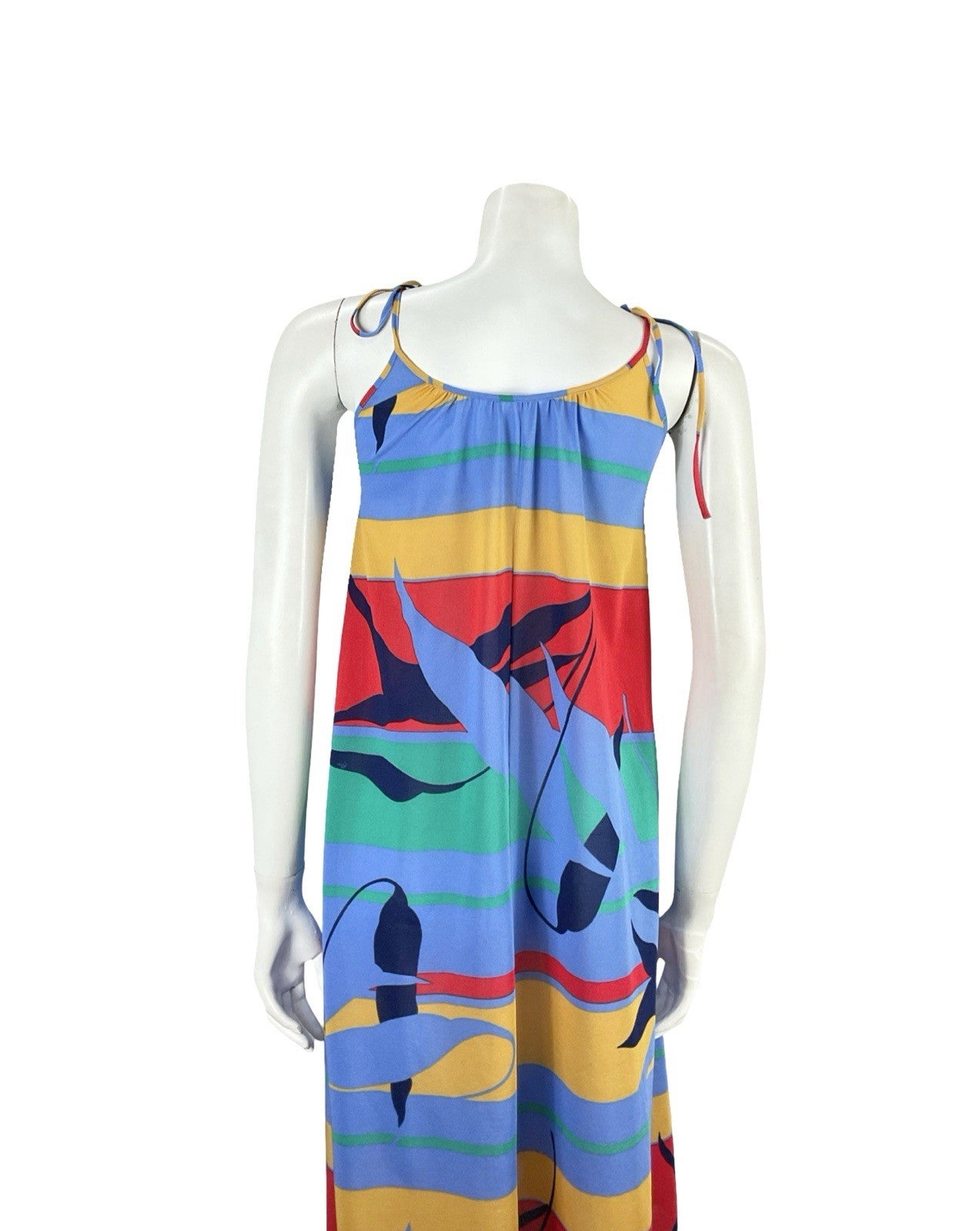 VTG 60S 70S BLUE RED YELLOW GREEN STRIPED GEOMETRIC LEAF TENT DRESS S 8 10
