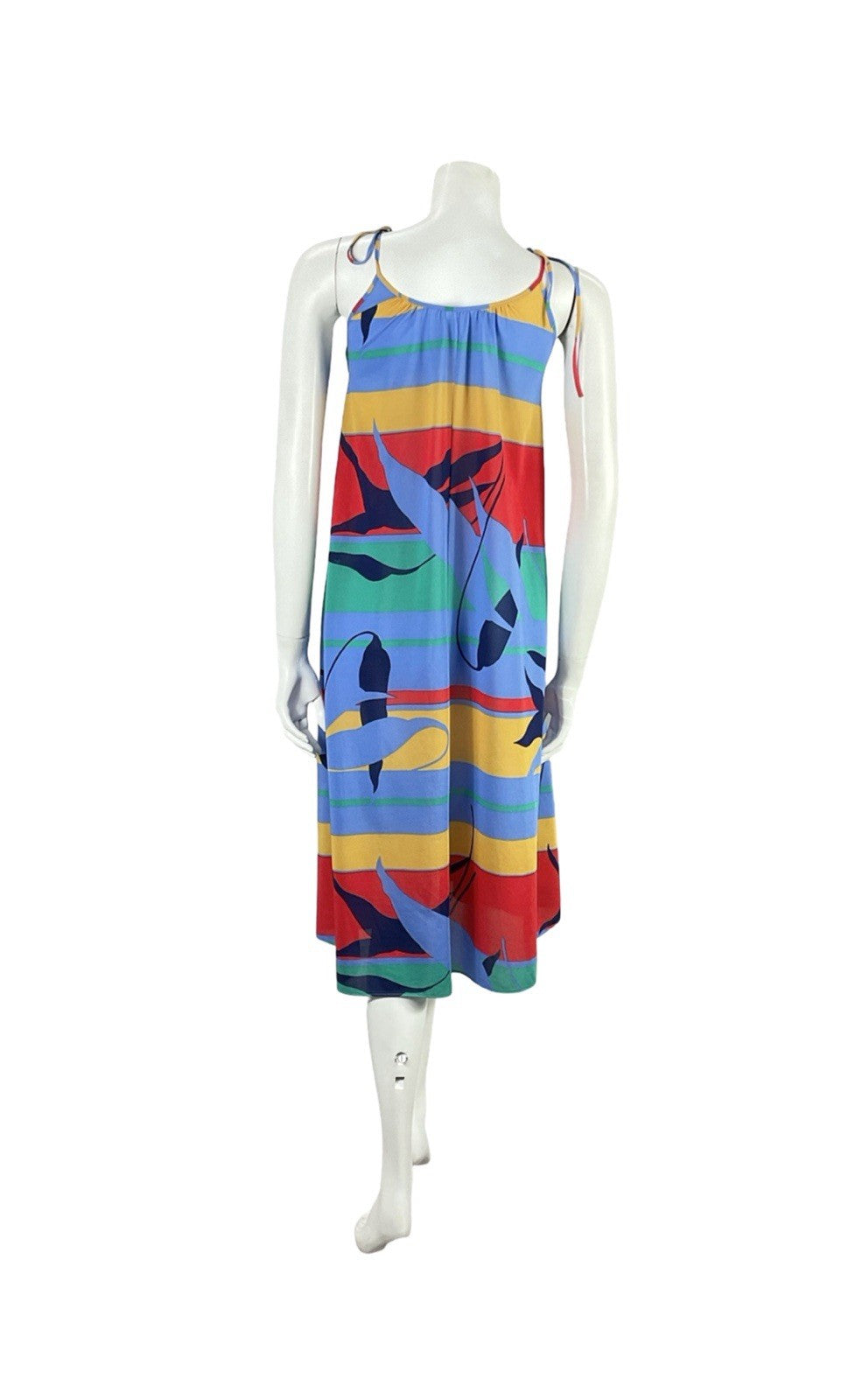 VTG 60S 70S BLUE RED YELLOW GREEN STRIPED GEOMETRIC LEAF TENT DRESS S 8 10